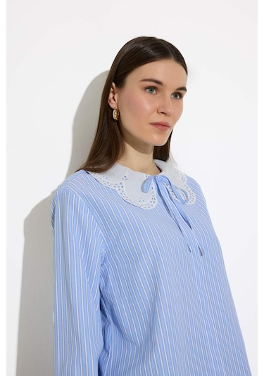 DeFacto Regular Fit Geniş Yakalı Çizgili Poplin Uzun Kollu Gömlek Tunik E4354AX25SPBE40 Mavi