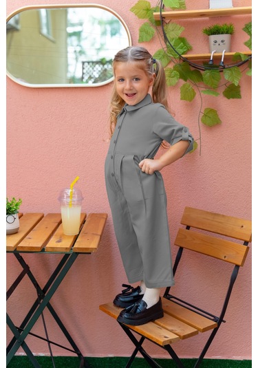Oliventhekid Yakalı Pileli Kız Çocuk Tulum Gri Gri