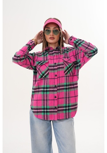 Kadın Desen Bloklu Oduncu Oversize Bol Ve Geniş Kalıp Casual Cepli Yakalı Ceket Gömlek Pembe