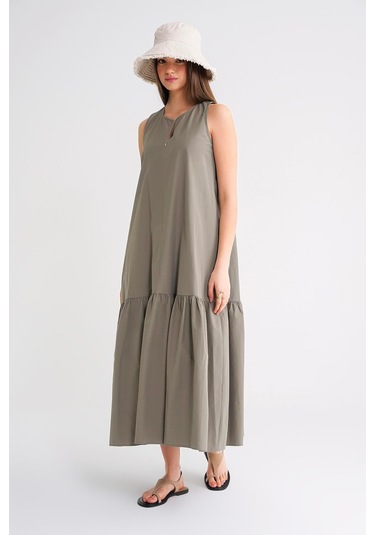 4695 Kadın Eteği Pileli Fermuar Detaylı Uzun Paraşüt Elbise Haki Haki