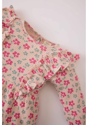 DeFacto Kız Bebek Çiçekli Uzun Kollu Waffle Elbise D9563A525SPBR476 Bordo