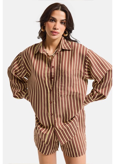 Itsbasic Kadın Kahve Çizgili S6-108 Oversize Rahat Kesim Gömlek