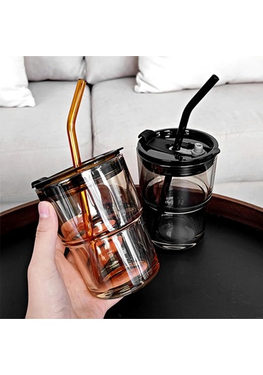 Fosenze İki Katlı Cam Kupa, Sıcak/soğuk İçecekler İçin, Toz Koruyucu Kapak Ve Cam Pipetli, 400 Ml