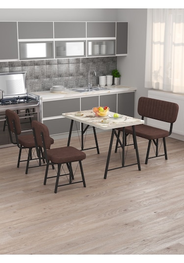 Mygusi Hayat 2 Sandalyeli 1 Bench Mutfak Masa Takımı Mermer Efes Kahve