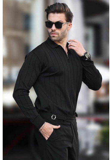 Madmext Siyah Polo Yaka Fermuarlı Örme Kazak 7242-siyah Siyah