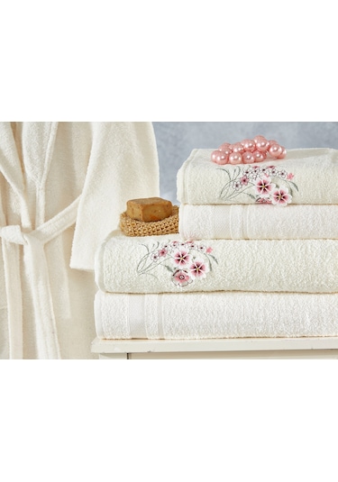 Family Nakışlı Krem & Krem Aile Bornoz Seti 6 Parça Çeyizlik Kadı