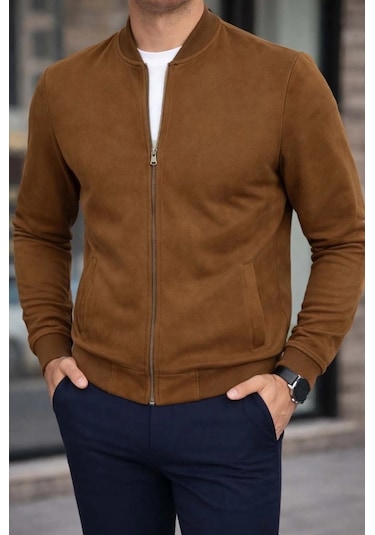 Defymoda Erkek Uzun Kollu Önden Fermuarlı Süet Ceket Kahve