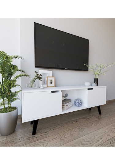 Siena Ahşap Ayaklı Tv Ünitesi Beyaz Televizyon Konsolu 140 Cm Ekonomik Modül Sehpa