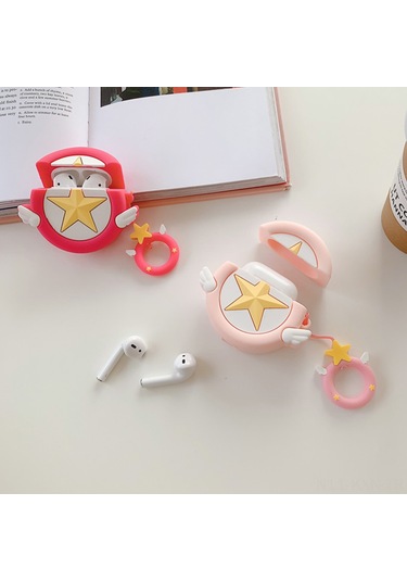 Kosona Airpods Uyumlu İçin Pembe Büyüsel Yıldız Desenli Silikon Kılıf - 360 Derece Koruma Ve Taşıma Kayışı Gül