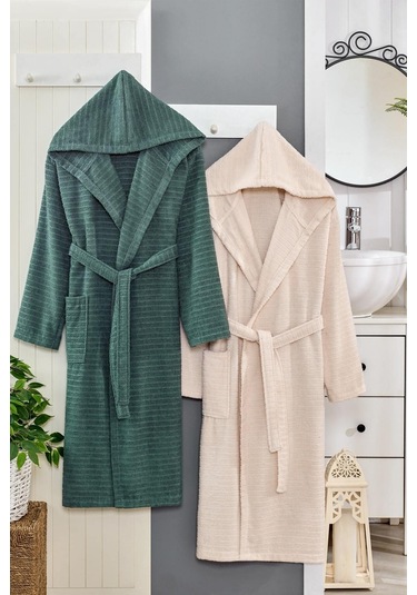 Doğa Serisi Aile Bornoz Seti 2li Set Yeşil-bej Yeşil - Bej