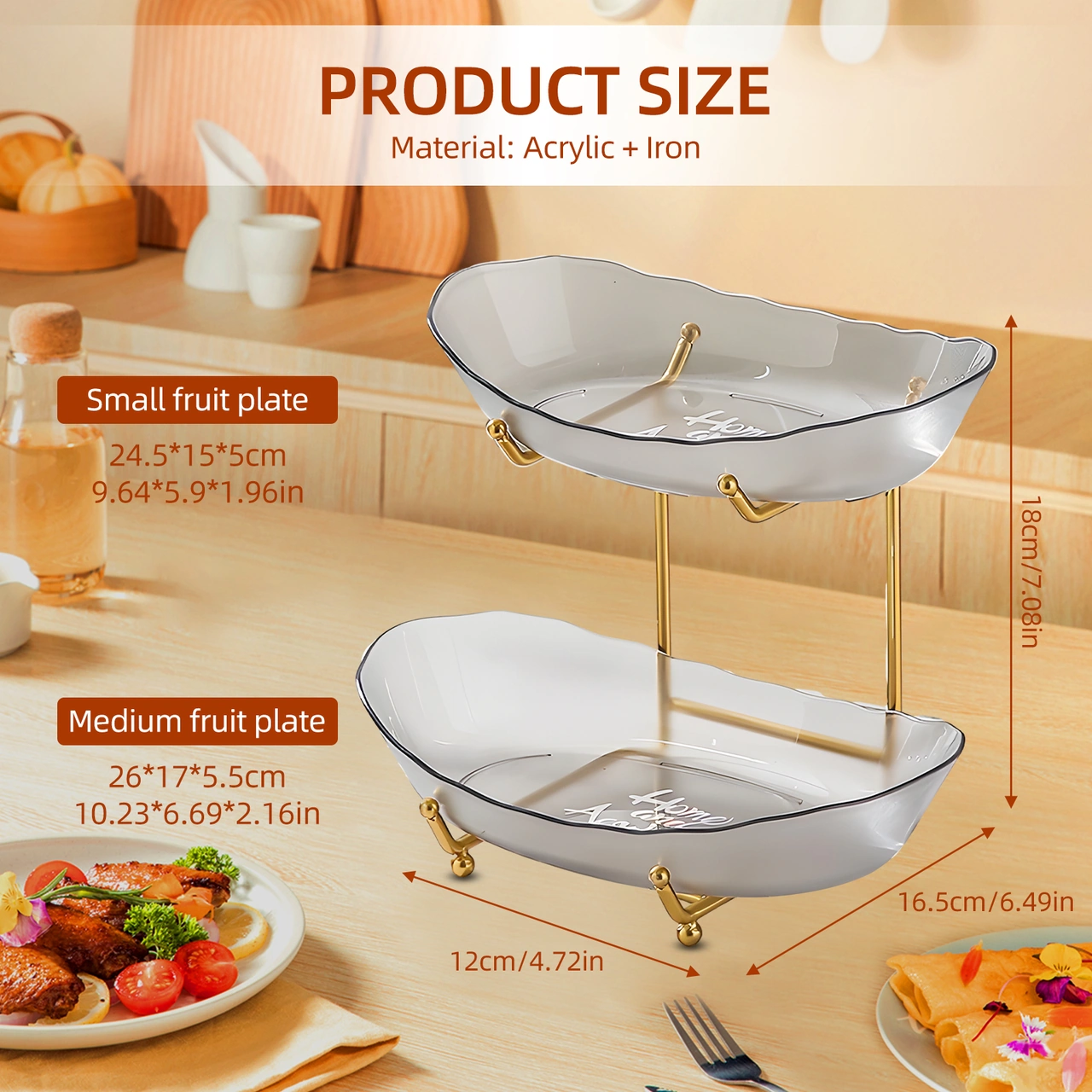 Lemestar Gri Akrilik Ve Demir 2 Katlı Mutfak Sepeti - Mevsim Meyveleri, Atıştırmalıklar, Tatlılar İçin Salon, Çay Masası Serim Rakımı Gri