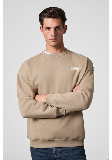 Ernest Erkek Organik Pamuklu Yumuşacık Baskı Detaylı Bisiklet Yaka İçi Polarlı Bej Sweatshirt