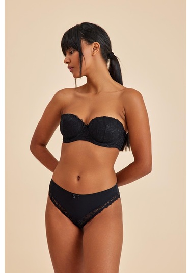 Amy Siyah Balenli Dantelli Dolgusuz Pedli Toparlayıcı Straplez Sütyen siyah