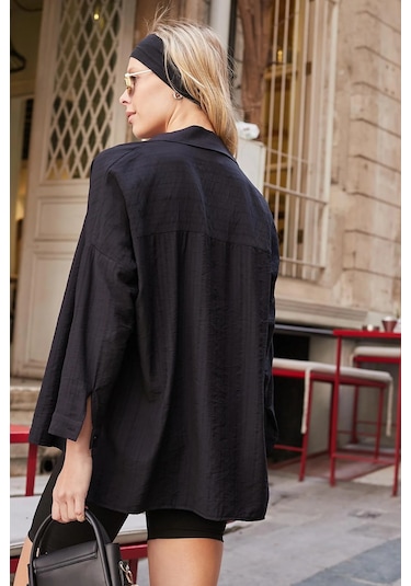Kadın Likrasız Keten Kumaş Yakalı Cepli Düşük Omuzlu Salaş Oversize Tunik Gömlek-siyah Siyah