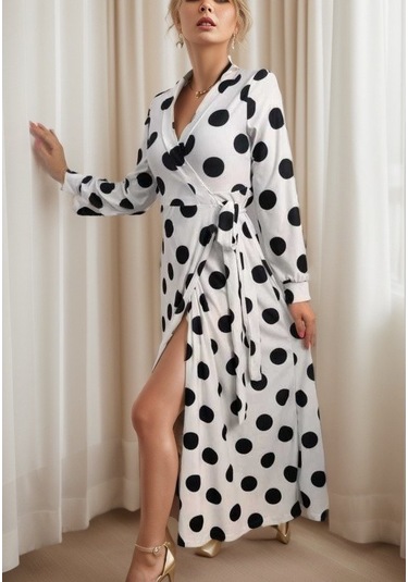 Nnstartshopping Kadın Uzun Kollu Kruvaze Yaka Yandan Bağlamalı Krep Tam Boy Elbise BEYAZ Beyaz