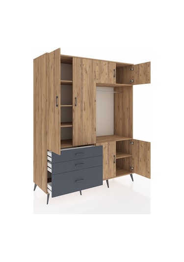 Kronos Gardrop 7 Raflı 3 Çekmeceli Tek Askılı 176x59x221 Çam-çam/antrasit Çam/antrasit