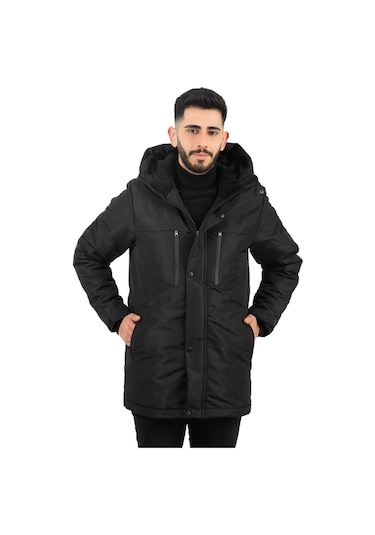 Erkek Polarlı Su Ve Rüzgar Geçirmez Kapüşonlu Kışlık Mont & Kaban & Parka Siyah