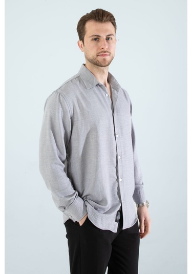 Rahat Kesim Keten Dokulu Gömlek Gri