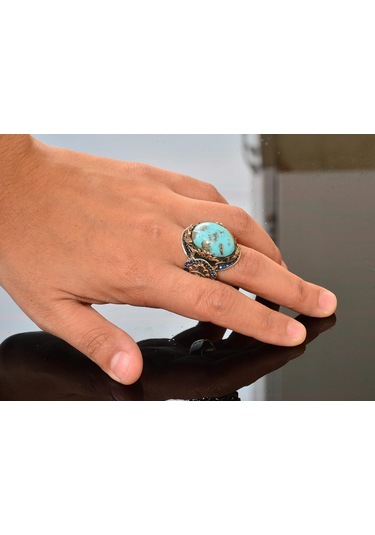 Gerçek Doğal Arizona Turkuaz Taşlı Aslan Yüzüğü - Gümüş Erkek Yüzüğü Gümüş