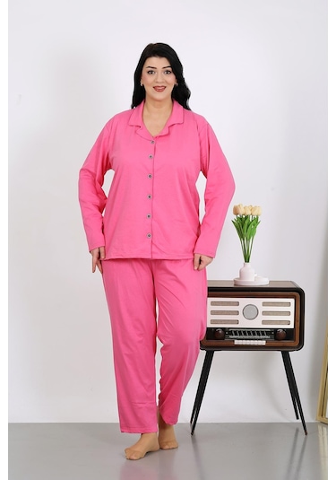 Akbeniz Kadın Büyük Beden Pamuklu Cepli Düğmeli Pembe Pijama Takım 202504 Pembe