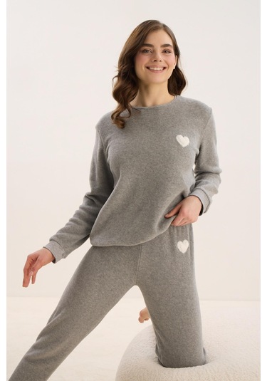 Kadın Uzun Kol Polar Gri Melanj Pijama Takım C1t5n1o61 001
