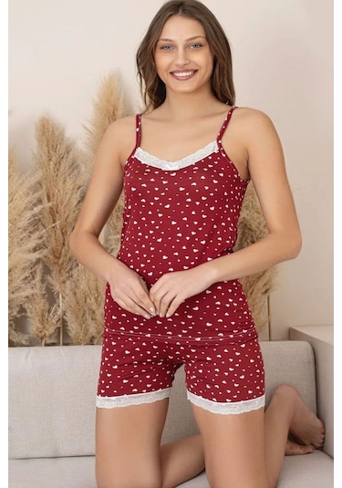 Lukitus İp Askılı Şortlu Milan Kumaş Kadın Pijama Takımı Bordo