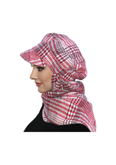 Yün Kasket Şapka Atkılı Ekose Desenli Bordo-krem Hazır Türban Tesettür Bone Bere Bordo - Krem