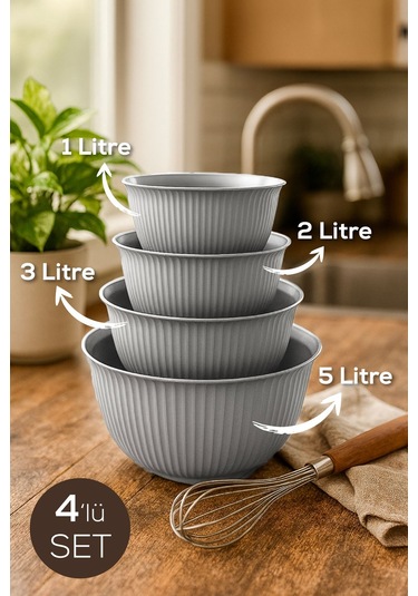 4'lü Mega Boy Plastik Karıştırma Ve Saklama Kase Seti 1l, 2l, 3l, 5l Gri Gri