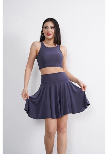 Sendy Kumaş Bisiklet Yaka Crop Şortlu Etek Ikili Takım - Antrasit Antrasit