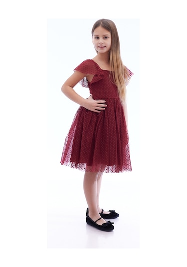 Ahengim Kız Çocuk Kare Yaka Trend Tül Elbise Ak2242 Bordo