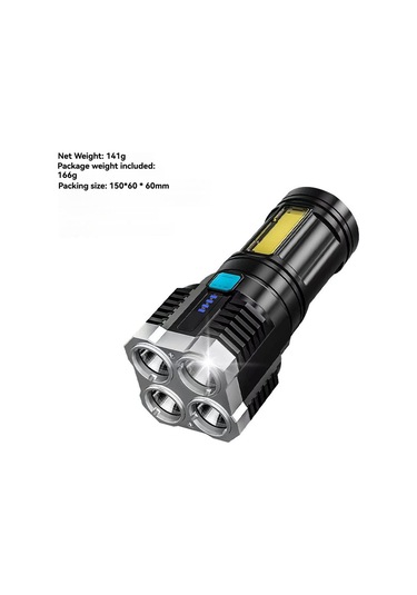 Aubyhe Usb Şarjlı Dört Led Işık, Cob Yan Aydınlatma, 400mah Pil, Su Geçirmez, Taşınabilir Dış Mekan El Feneri Siyah