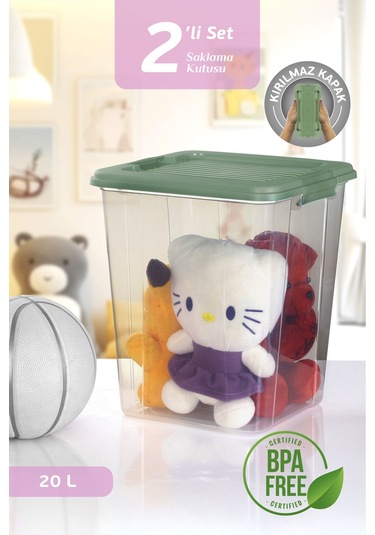 2'li Megabox 20l Saklama Kabı - Kilitli Kapaklı Çok Amaçlı Düzenleyici Kiler Depolama Oyuncak Kutusu Yeşil