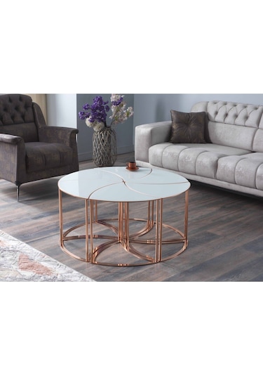 Premium Modern Yuvarlak Sehpa 6 Lı Takım Beyaz Bronz Mdf