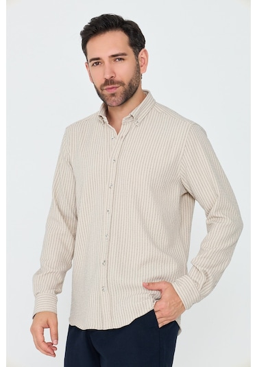 White Stone Krem Rengi Çizgili Dynamic Fit Erkek Uzun Kollu Gömlek