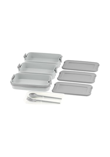 İronika 1260 Ml 3 Katlı Kapaklı Çatal Bıçaklı Beslenme Kutusu Lunch Box Beslenme Kabı - Gri Gri