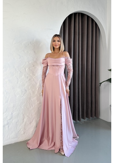 Kolları Dantelli Pudra Saten Abiye Elbise Pudra
