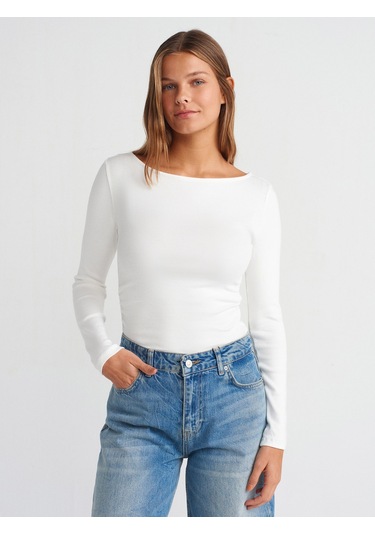 Dilvin 31401 Büzgülü Kayık Yaka Top Ekru