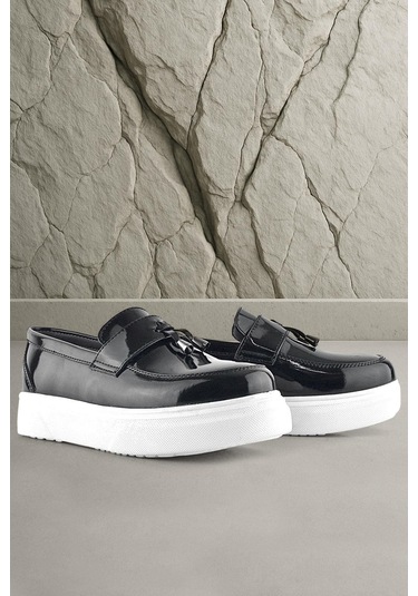 Rakerplus Siyah Rugan Beyaz Taban Loafer Klasik Çocuk Ayakkabısı Siyah