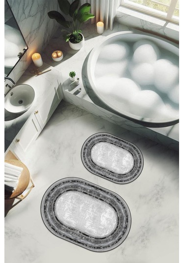 Yıkanabilir Kaymaz Tabanlı Modern Desenli 2'li Banyo Paspas Takımı Obps0012 Renkli