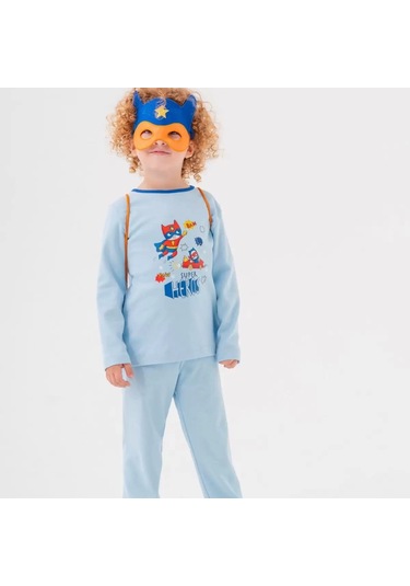 Süper Heros Çanta Ve Maskeli % 100 Pamuk Erkek Çocuk Pijama Takımı Mavi