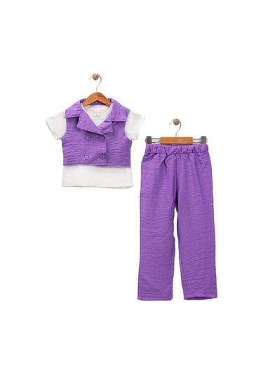 Dantel Detay Kız Çocuk Takım Yelekli Kız Çocuk Takım Lila