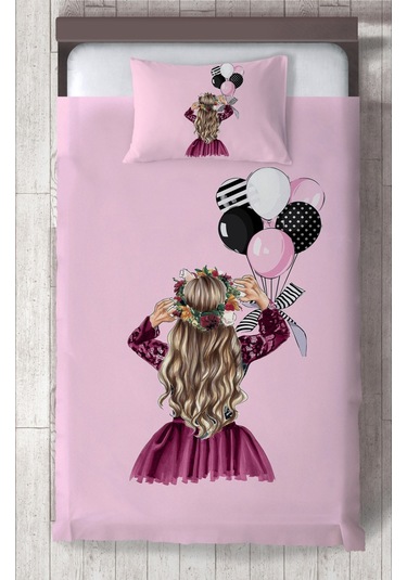 Mekta Home Bebek Ve Çocuk Odası Prenses Kız Ve Fiyonklu Balon Desenli Yatak Örtüsü Renkli
