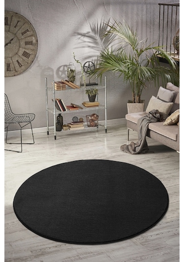 Vl Comfort Puffy Ponpon Saçak Peluş Yıkanabilir Siyah Yolluk Siyah Overloklu Yuvarlak