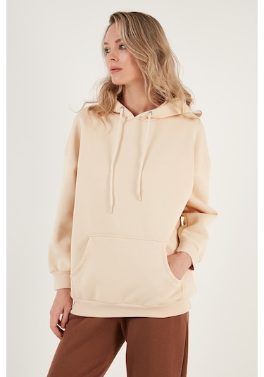 Lela Regular Fit Pamuklu Kapüşonlu Yaka Şardonlu Kışlık Bayan Sweat 5863854 Bej