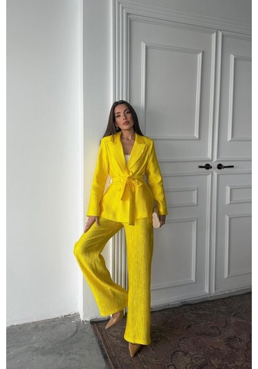 Neon Beli Kuşaklı Ceket Ve Pantolon Parlak Takım Neon