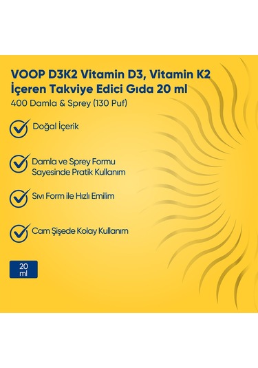 Voop Vitamin D3k2 Sprey-Damla 20 ML