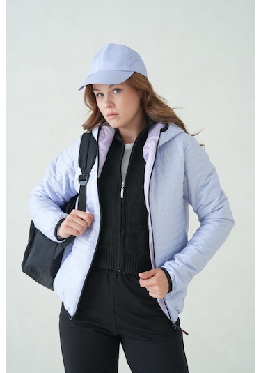 İçi Astarlı Su Ve Rüzgar Geçirmez Cepli Kapüşonlu Kadın Mont Buz Mavisi