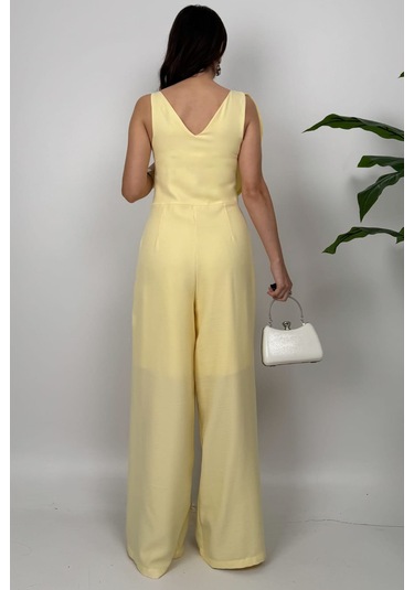 Élan Kadın Drapeli Detaylı Sarı Tulum Dokulu Kumaş Şıklığı Sarı