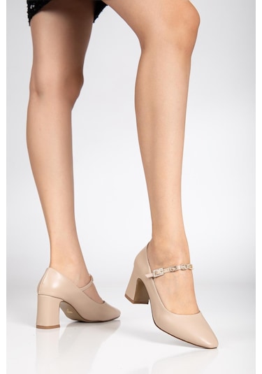 Kadın Stiletto Topuklu Ayakkabı Bej Suni Deri Baret Taşlı Kalın Topuklu-4173 Bej