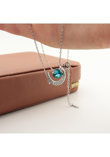 Pigado Paslanmaz Çelik Kalpli Kristal Taşlı Ayyıldız Çelik Kolye Gri